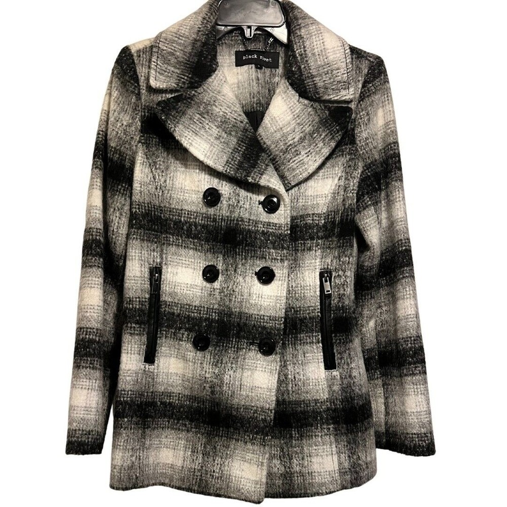 Black Rivet Small Wool Blend Plaid Gray Black Coat Jacket Formal Women Stylish